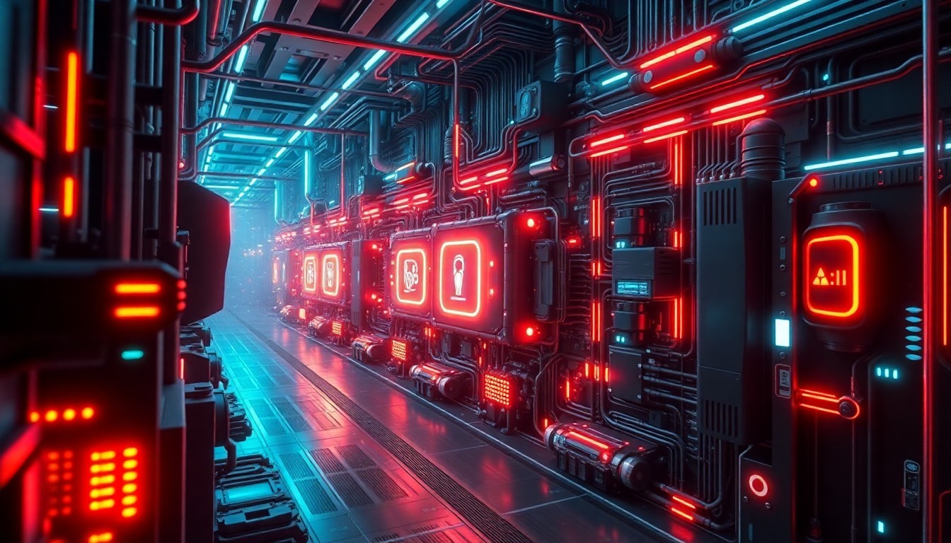 A highly detailed, glowing 3D illustration of a complex, futuristic cybersecurity system with pulsing neon lights, intricate circuits, and a sense of ominous power, conceptually representing the potential implications of the White House's reported plans to deploy Anthropic's Mythos AI model across federal agencies.