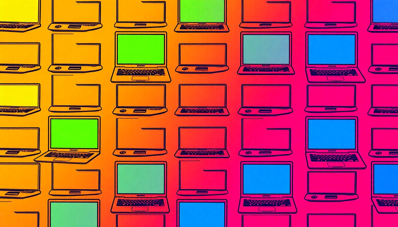 A brightly colored, high-contrast silkscreen-style illustration of a laptop computer repeated in a grid pattern, representing the technology focus of the University of Tampa's data analytics program.