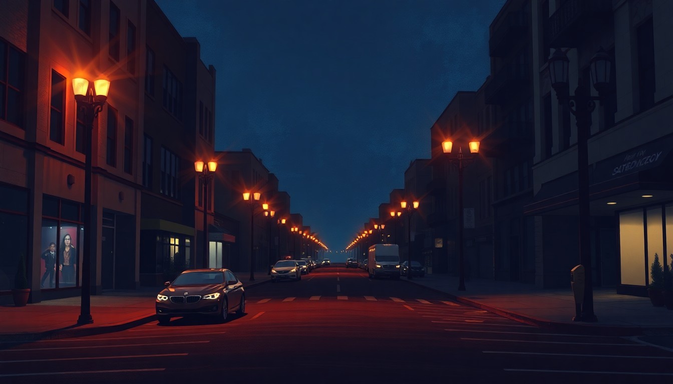 A dimly lit, cinematic street scene in downtown San Diego, with a lone parked car and a parking meter in the foreground, conceptually illustrating the tensions over the city's special event parking policies.