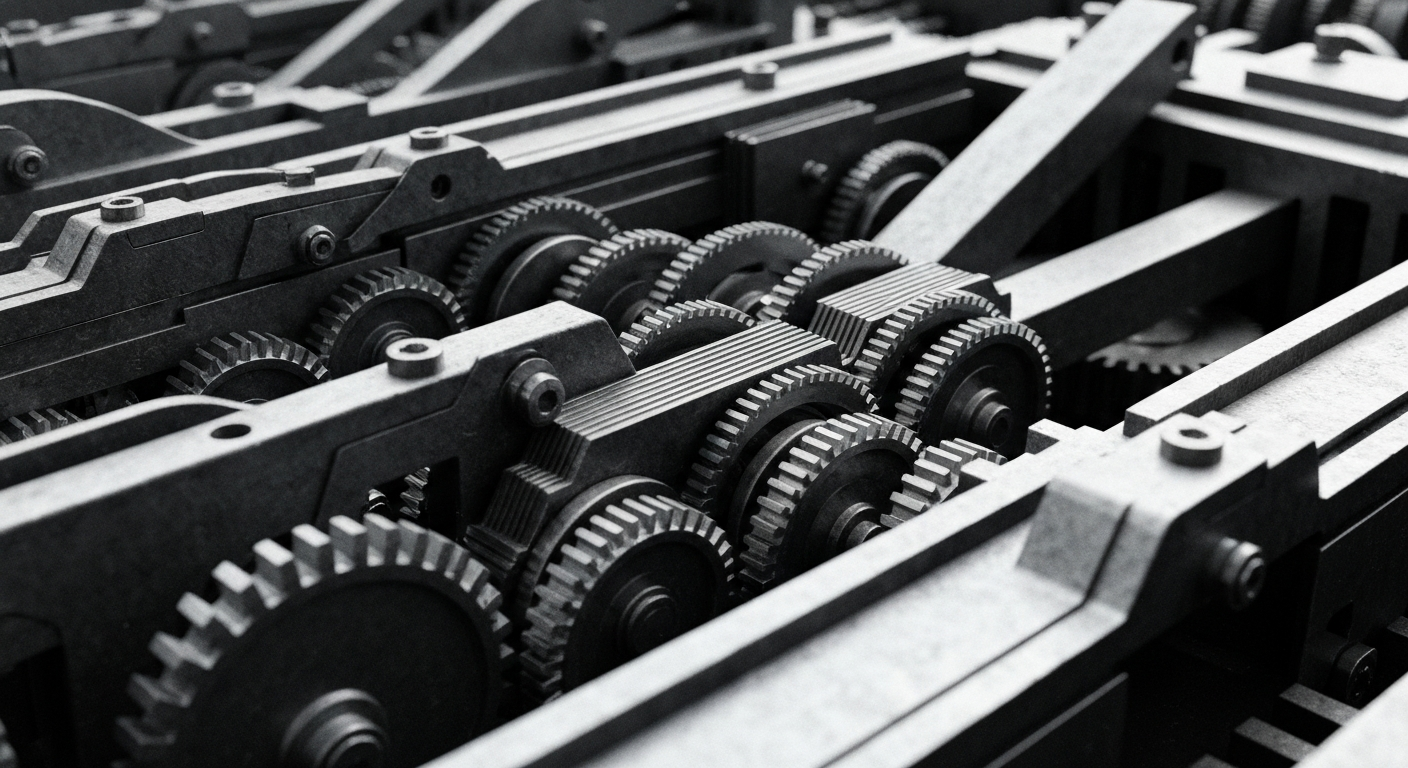 A highly detailed, cinematic close-up of the complex inner workings of a financial mechanism, such as gears, levers, or circuitry, representing the stability and resilience of the stock market in the face of geopolitical events.