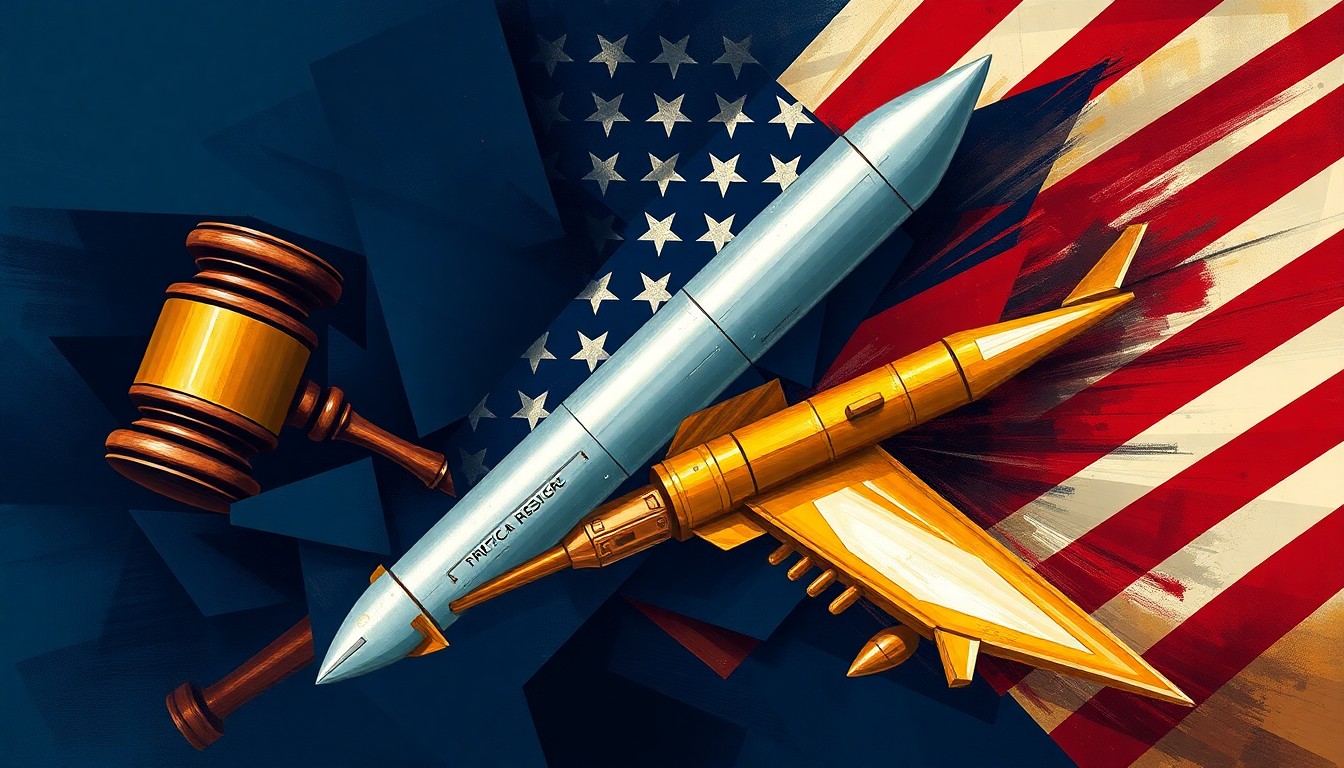 A dynamic, fragmented painting featuring a gavel, American flag, and missile in bold, clashing colors, conceptually representing the political tensions over the balance of war powers between the executive and legislative branches.