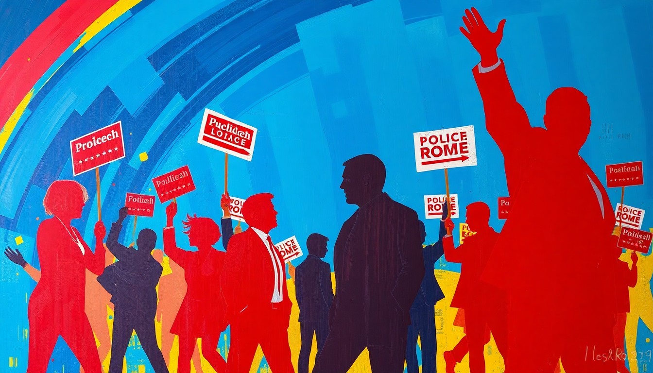 A dynamic, abstract painting with overlapping, fractured shapes and figures in bold, contrasting colors, conveying the energy and chaos of a high-stakes political campaign.