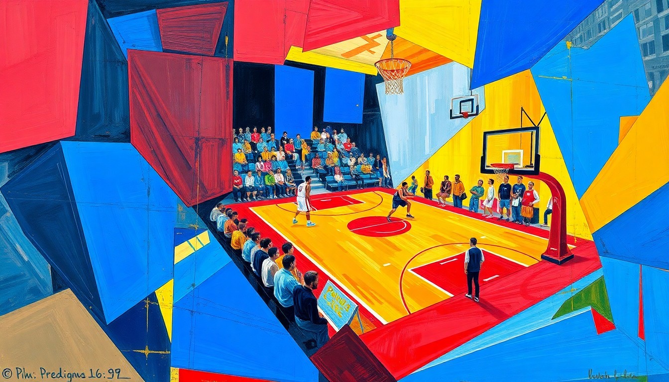 A fragmented, geometric painting in bold colors that captures the intensity and movement of a basketball game, conveying the sense of transition and change surrounding the Boston College men's basketball program.
