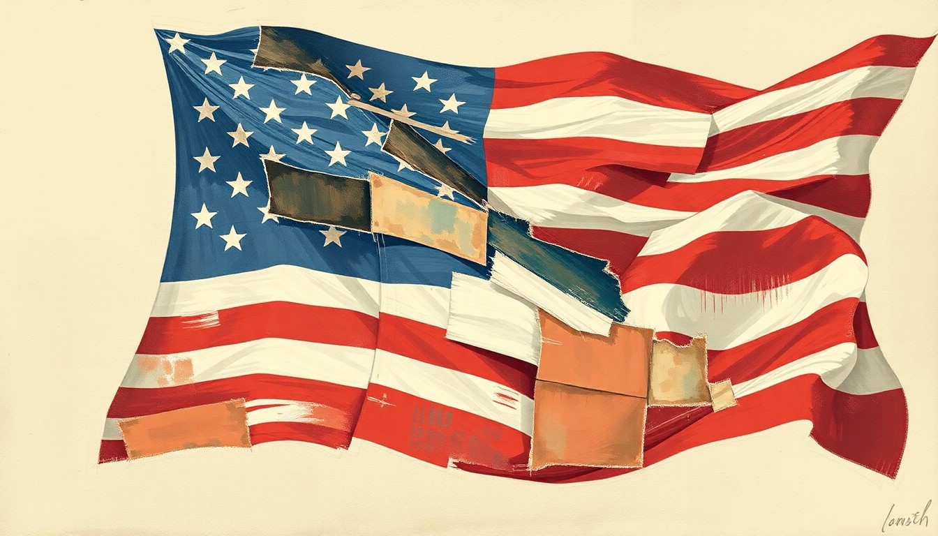 A vibrant, abstract painting of an American flag in shades of red, white, and blue, with overlapping geometric shapes and lines creating a sense of movement and unrest, conceptually representing the tensions between local and federal authorities.