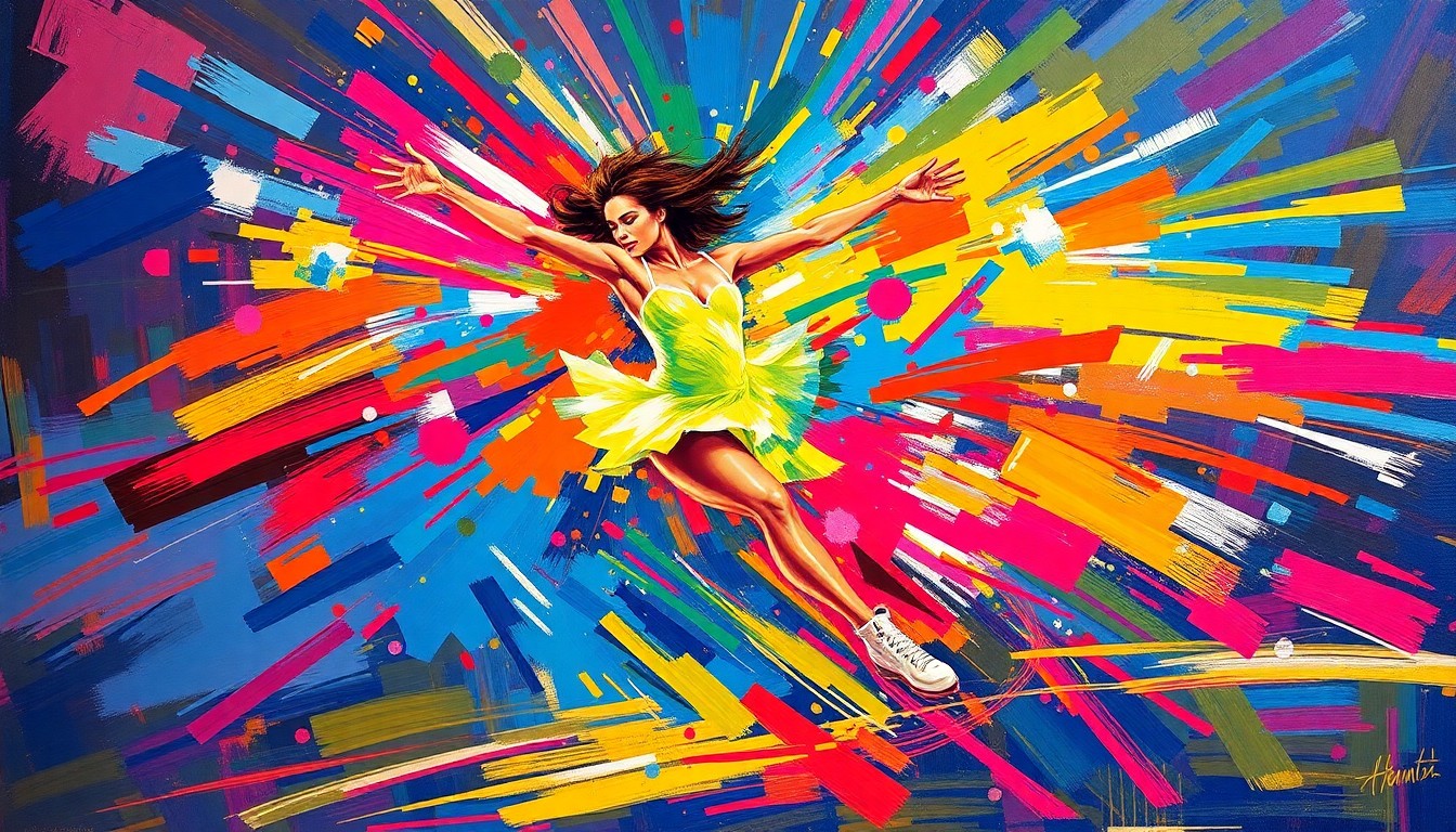 An abstract expressionist painting featuring bold, sweeping brushstrokes in neon shades of blue, pink, and yellow, capturing the dynamic movements and energy of a figure skater in motion.