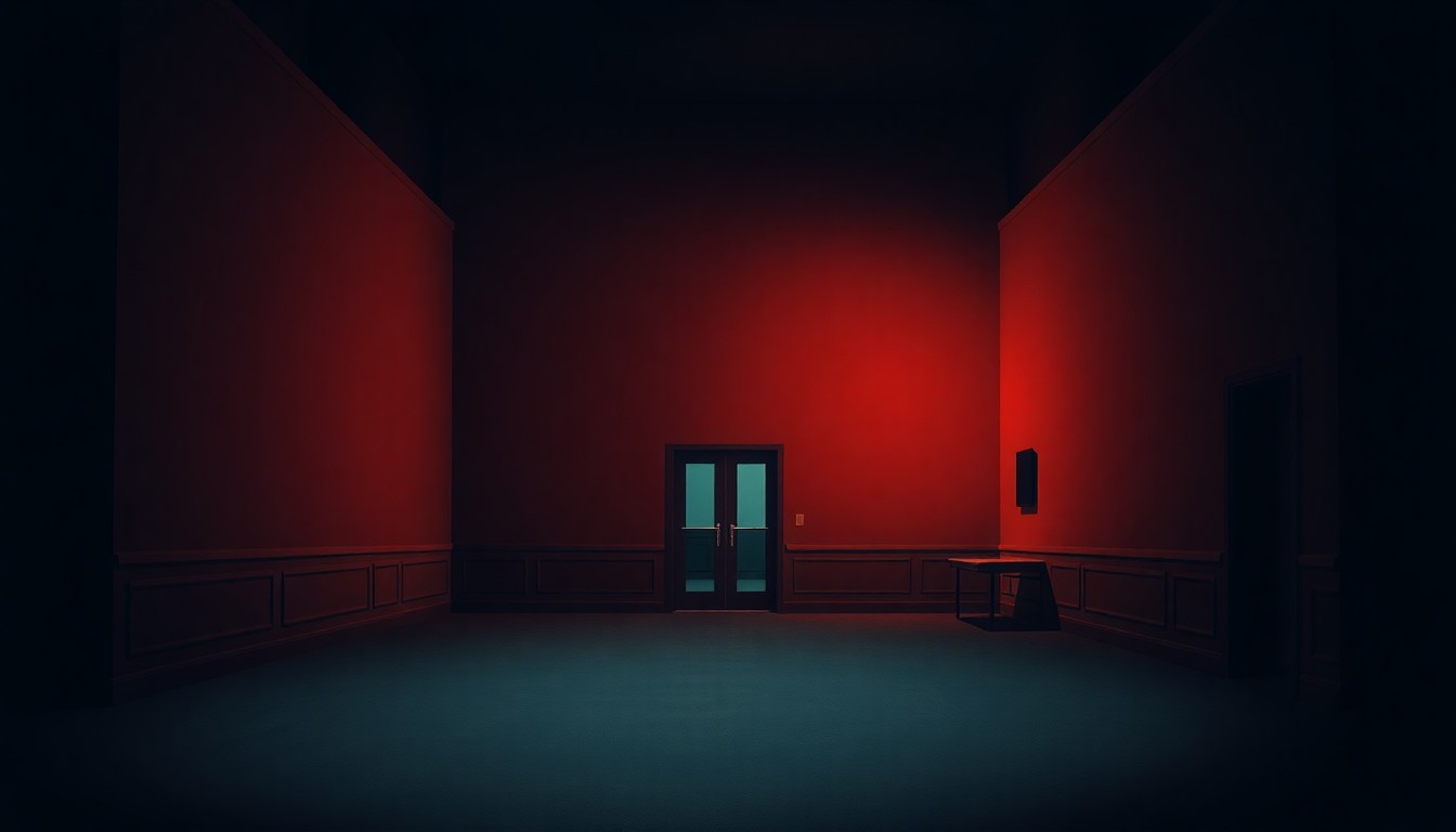 A dimly lit, cinematic painting of an empty government office at night, with warm light streaming in through the windows and deep shadows cast across the room, evoking a sense of solitude and unease.