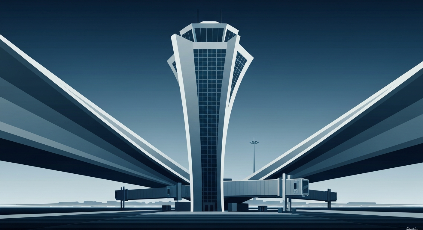 A highly stylized, geometric illustration depicting the grand scale and streamlined forms of an abstract airport terminal structure, rendered in a bold, Art Deco-inspired visual style with sweeping gradients of blues and grays.