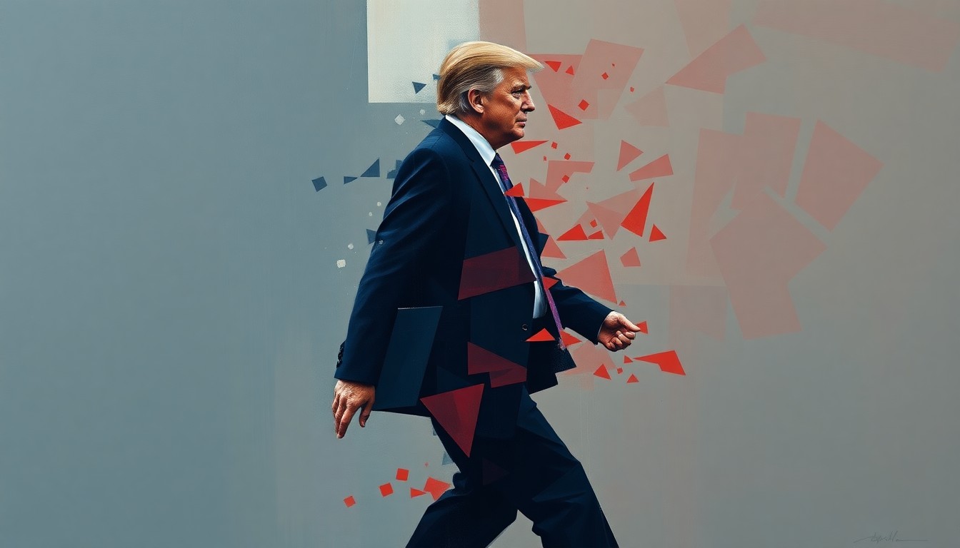 A fractured, abstract painting in shades of blue, gray, and red depicting a blurred, overlapping figure representing a politician, conveying a sense of instability and turbulence.