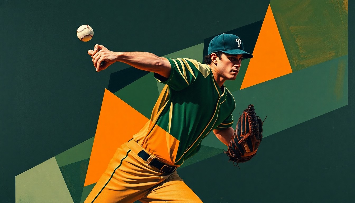 A cubist-style painting depicting a baseball pitcher's motion broken down into sharp, overlapping geometric shapes in muted navy, green, and orange tones, conveying the fragmented state of the Brewers' plans around their struggling closer.