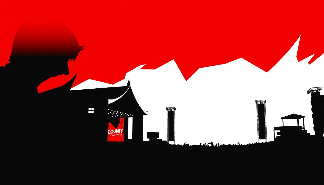An abstract, minimalist illustration featuring stark black silhouettes of country music festival elements like stages and crowds, set against a high-contrast background of deep red and bright white.