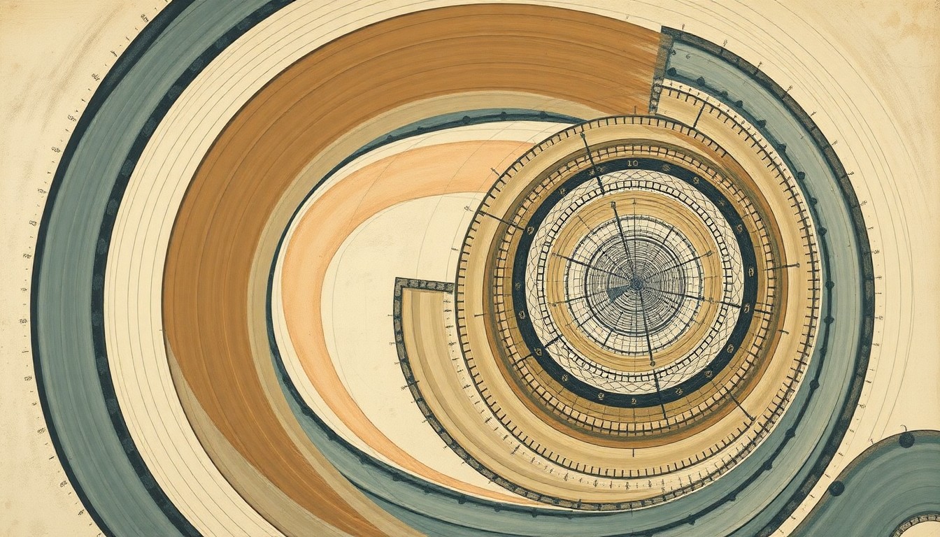 A bold, abstract painting in soft greens, blues, and browns depicting a complex system of interlocking geometric shapes, waveforms, and spirals, conceptually representing the intricate processes involved in water reuse and recycling.