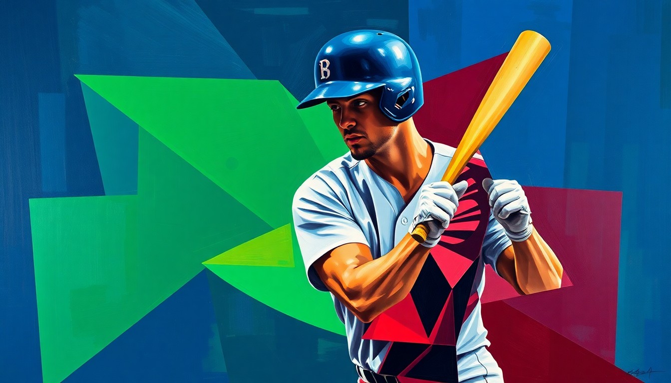 A fractured, geometric painting depicting the explosive movements of a baseball player's batting stance, rendered in a cubist style with vibrant colors and sharp, overlapping planes.