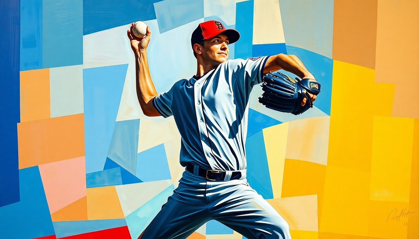 A fragmented, geometric painting depicting the various angles and planes of a baseball pitcher's windup and delivery, conceptually representing the trade of a former top prospect between two major league teams.