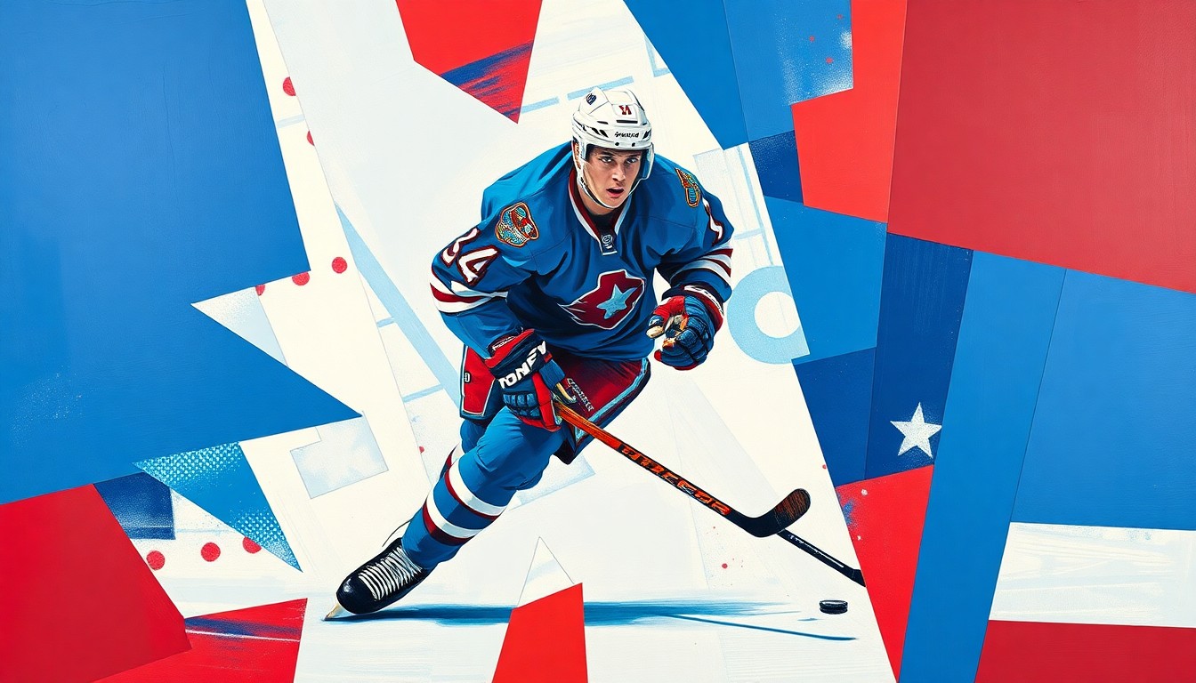 A fragmented, cubist-style illustration depicting a hockey defenseman in motion, with sharp geometric shapes and planes of blue, red, and white colors.