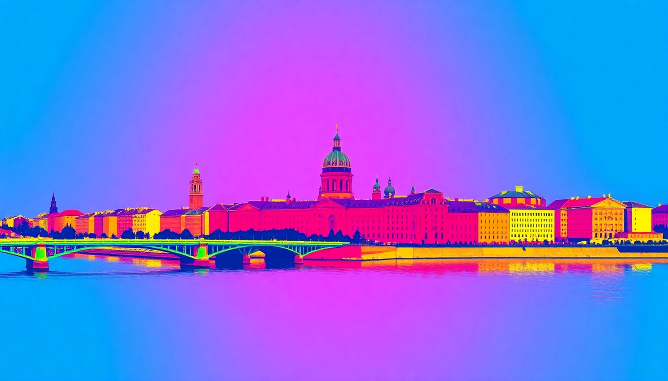 A vibrant, abstract silkscreen print featuring a repeated icon representing the city of Geneva, rendered in a bold, neon color palette that captures the energy of the community planning process.