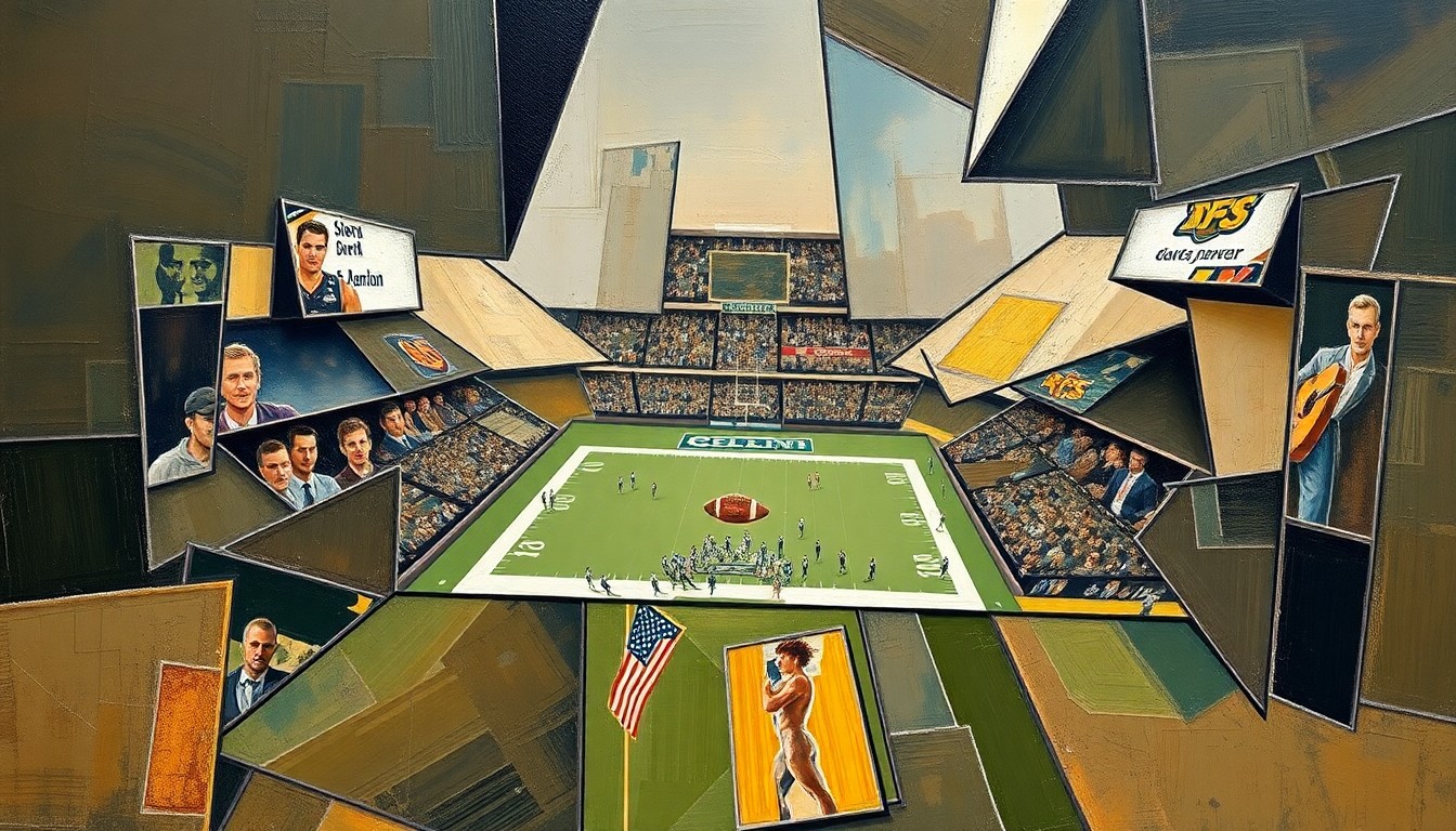 A fragmented, cubist-style painting depicting an abstract football field or draft stage, with sharp geometric shapes in muted browns, grays, and metallic tones, conveying the complexity and high stakes of the Steelers' draft decisions.