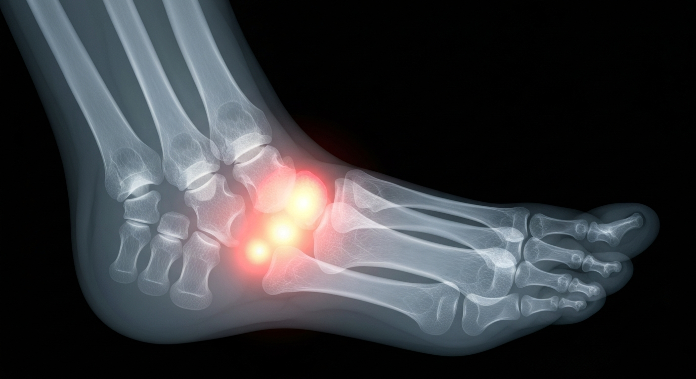 A translucent, ghostly X-ray image showing the internal structures of a human foot with a healing wound, conveying the clinical and delicate nature of advanced wound care.