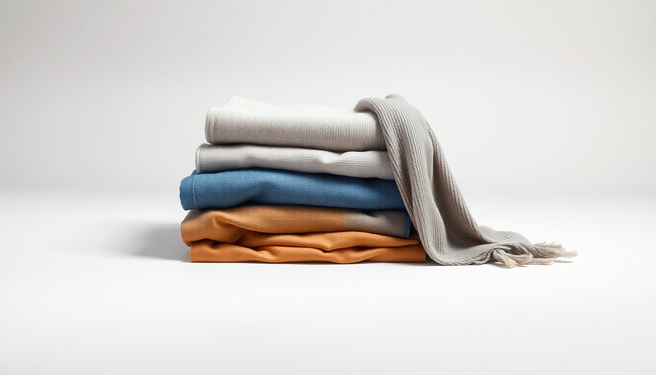 A minimalist, photorealistic studio still life featuring neatly folded discount fashion items in muted colors, conceptually representing the arrival of a new discount fashion retailer in the area.