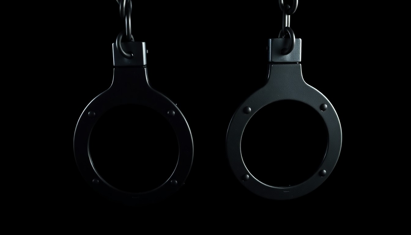 An extreme close-up photograph of a pair of handcuffs against a pitch-black background, lit by a harsh, direct camera flash, creating a stark, gritty, investigative aesthetic.