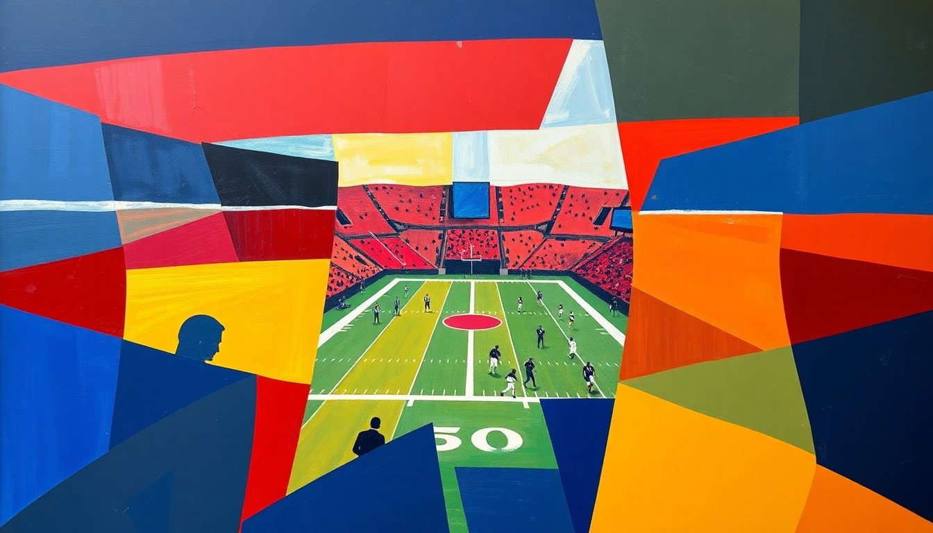 A cubist-style painting depicting a fragmented, multi-angled view of a college football game, with sharp geometric shapes in navy, red, and yellow representing the dynamic action on the field.