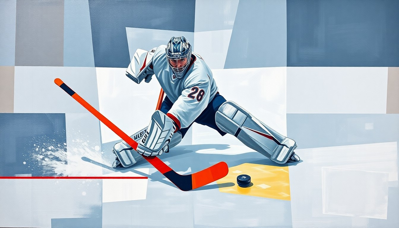 A fractured, geometric painting depicting a hockey goaltender making a save, with the player's equipment and ice surface rendered in muted tones and the puck and net highlighted in vibrant colors, capturing the raw energy and movement of the sport.