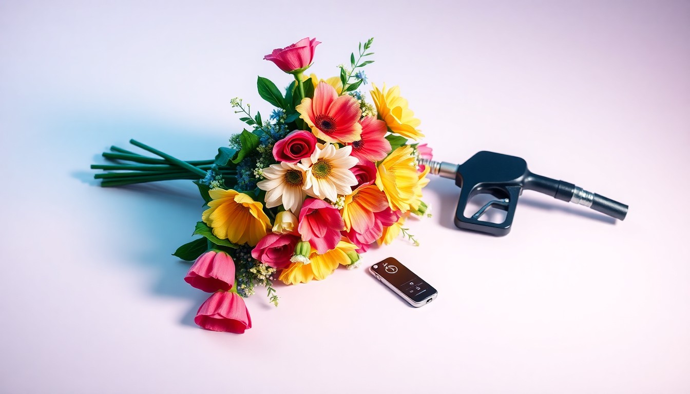 A high-end, photorealistic studio still-life photograph featuring a bouquet of fresh flowers, a car key, and a gas pump nozzle arranged elegantly on a clean, monochromatic background, conceptually representing the challenges that florists face with rising fuel costs.