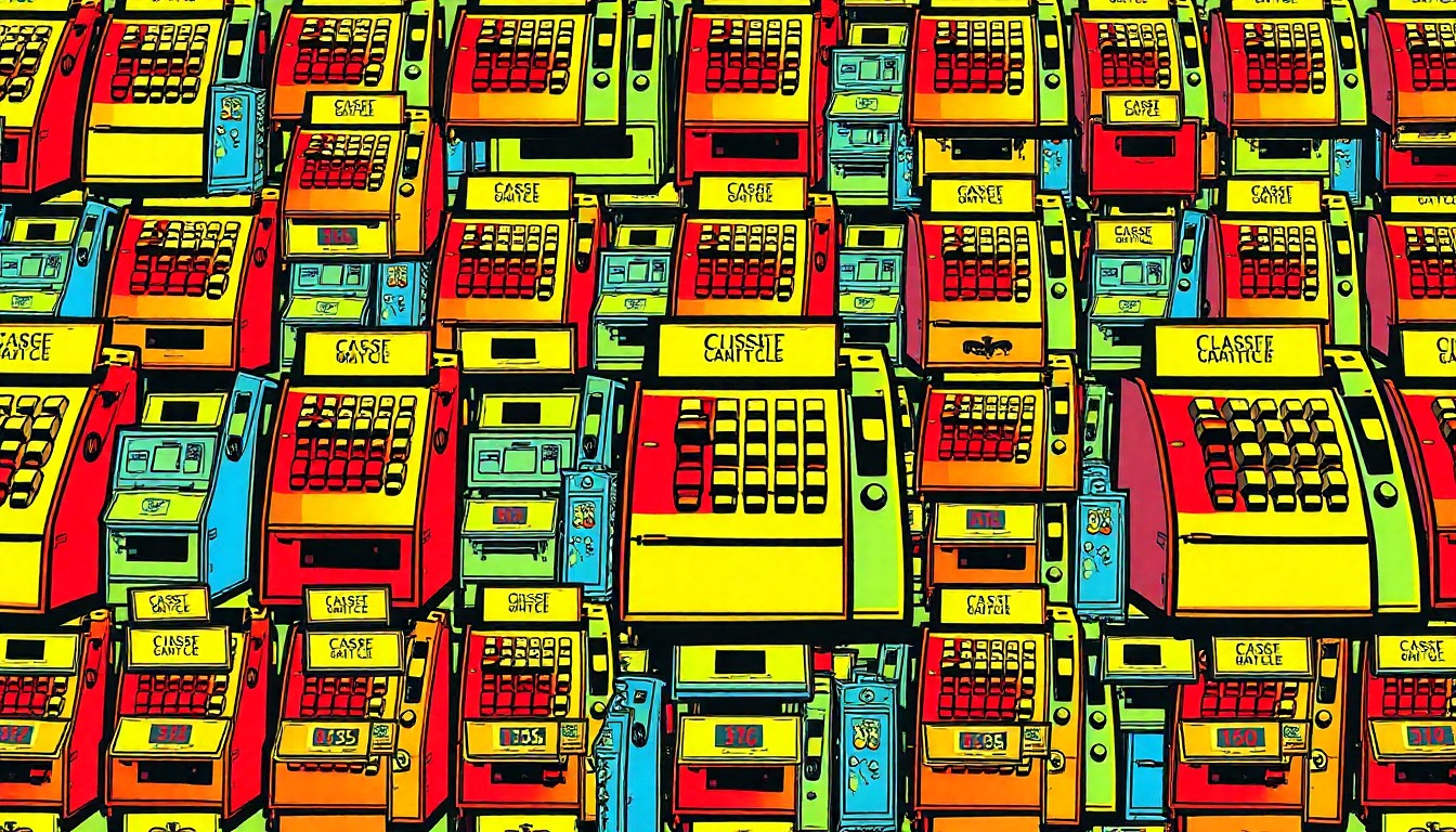 A bold, stylized silkscreen illustration featuring a repeating pattern of a vintage cash register in bright neon colors, capturing the energy and commercial spirit of the US-80 sale.