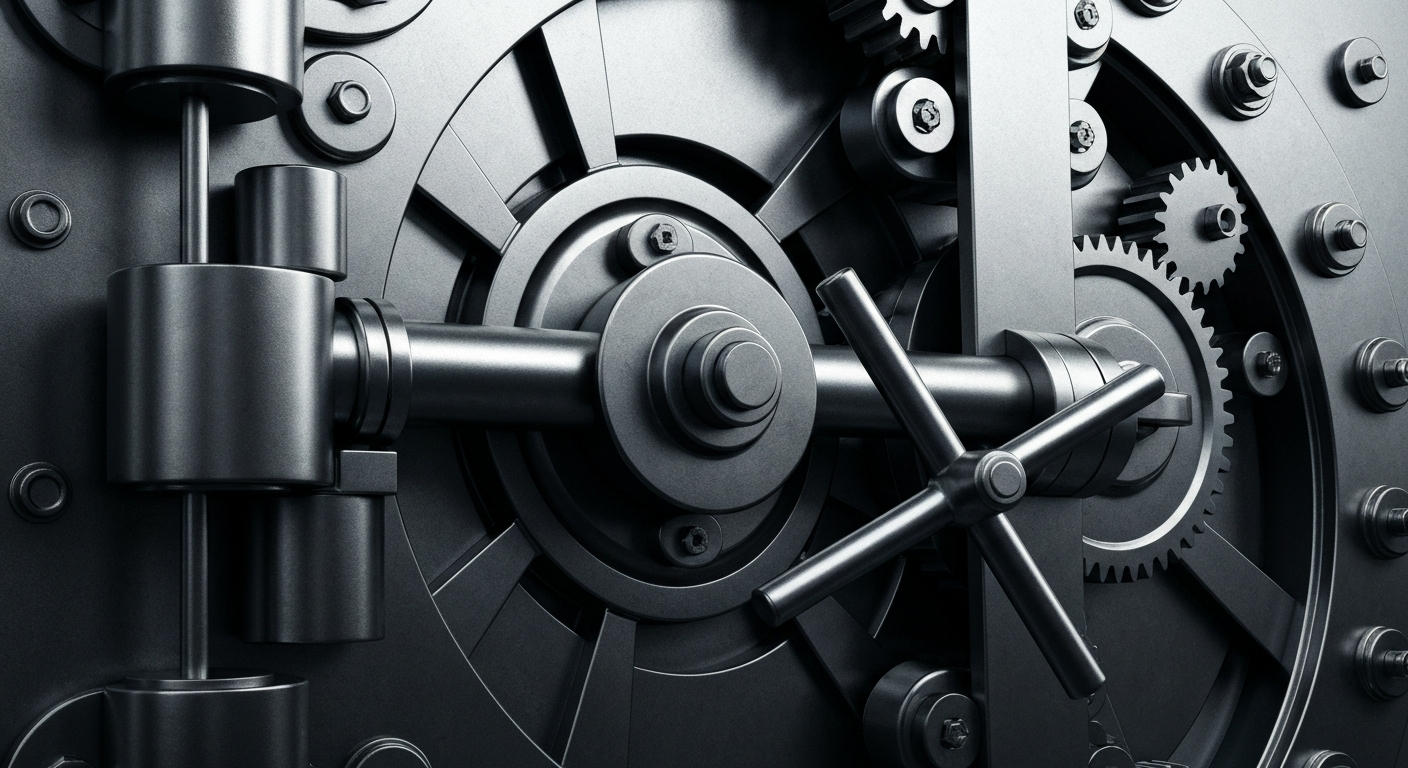 A highly detailed, cinematic close-up of the heavy, industrial mechanisms of a bank vault door, conveying a sense of security and the tangible weight of banking infrastructure.