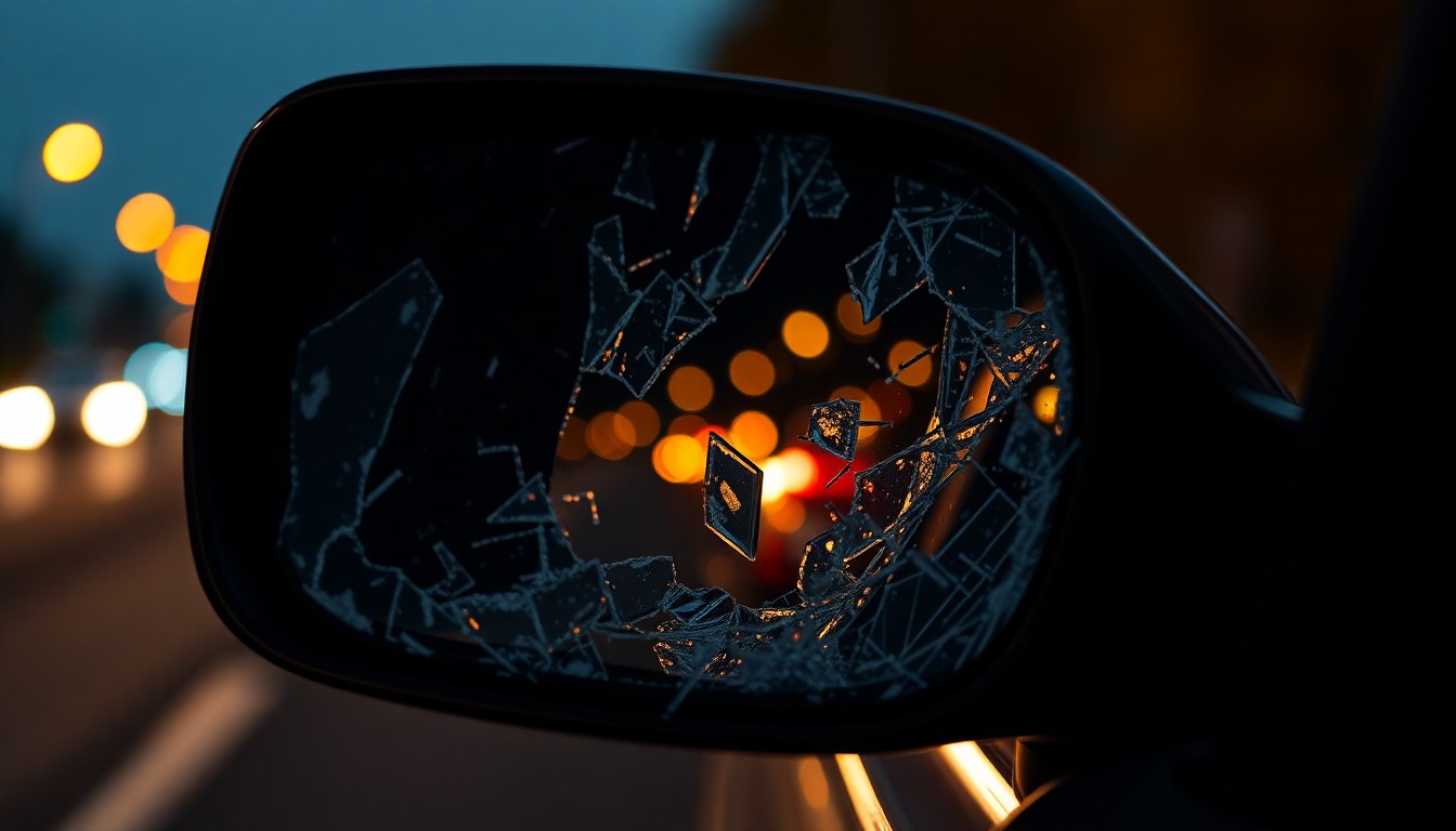 An extreme close-up photograph of a shattered car side mirror reflecting the faint glow of streetlights, conveying the stark, gritty aftermath of a violent collision.