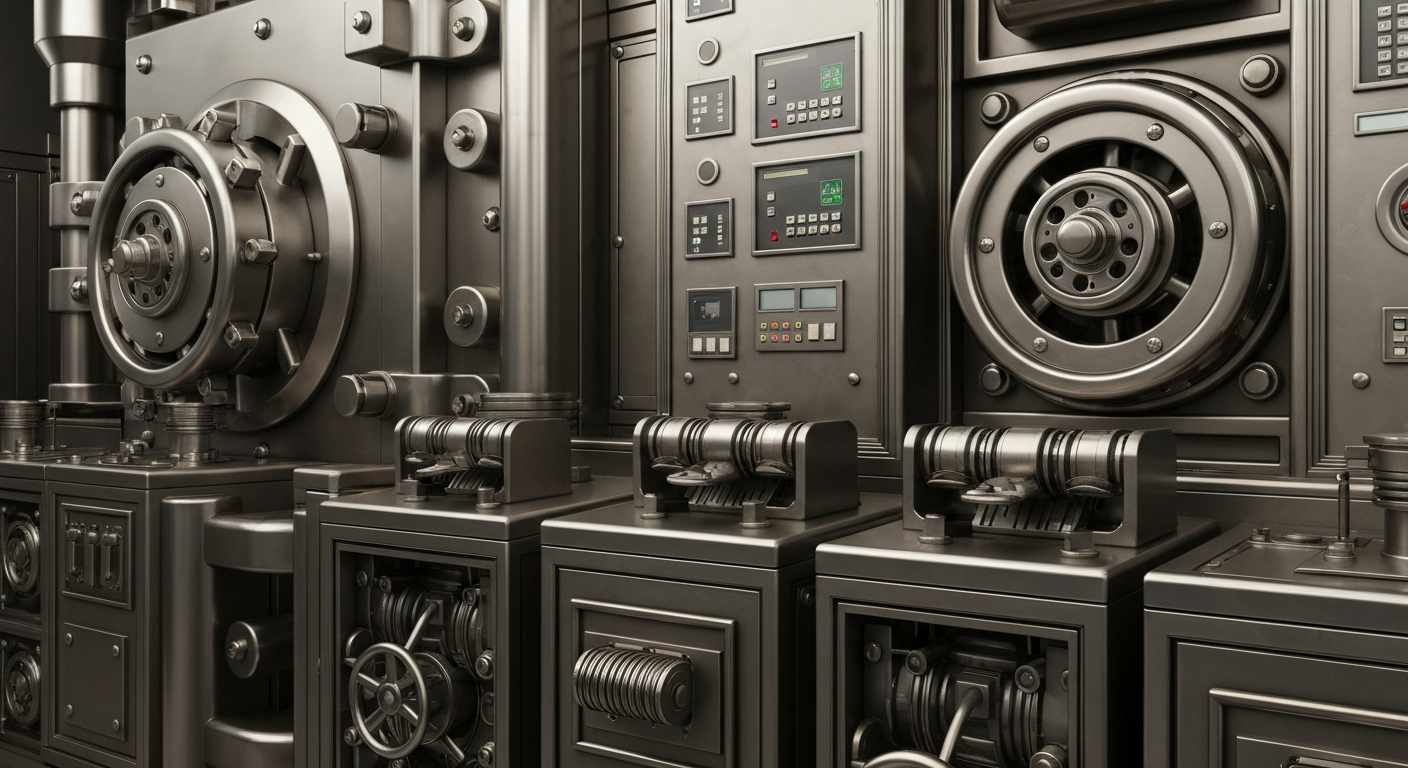 A close-up image of heavy, industrial banking equipment and machinery, including vault doors, coin counters, and security systems, all rendered in a cinematic, high-contrast style that emphasizes the power and stability of the US financial system.