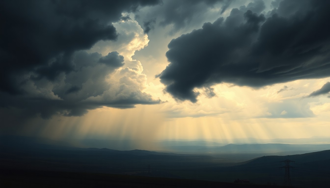 A dramatic landscape painting in the style of Caspar David Friedrich, depicting a stormy, atmospheric scene over a vast, hazy river valley, with only faint silhouettes of power lines and structures visible in the distance, dwarfed by the sweeping, sublime natural forces.