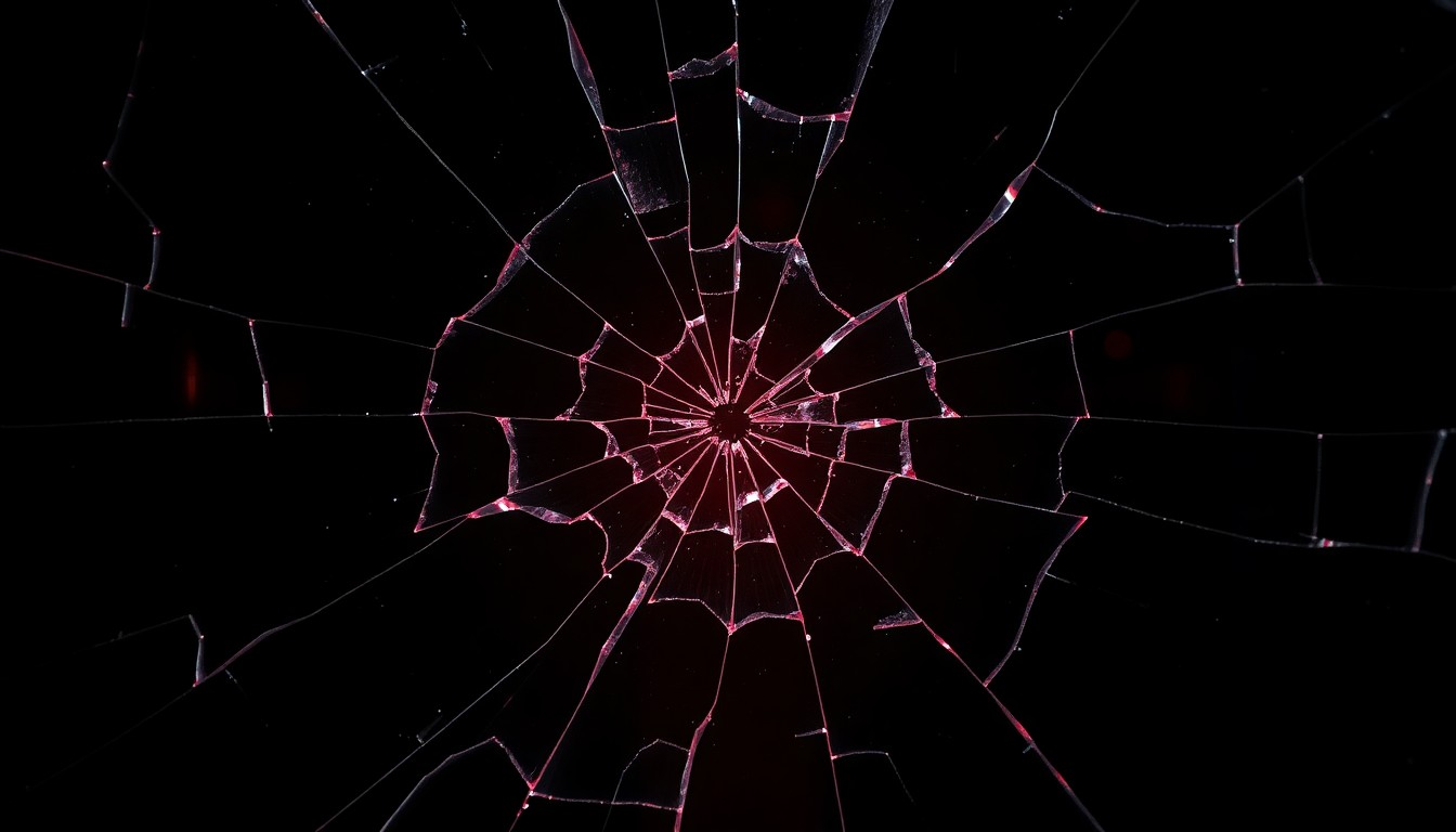 An extreme close-up photograph of a cracked and shattered glass surface, reflecting a faint red light, conceptually representing the fragility and tension surrounding Meghan and Harry's public image.