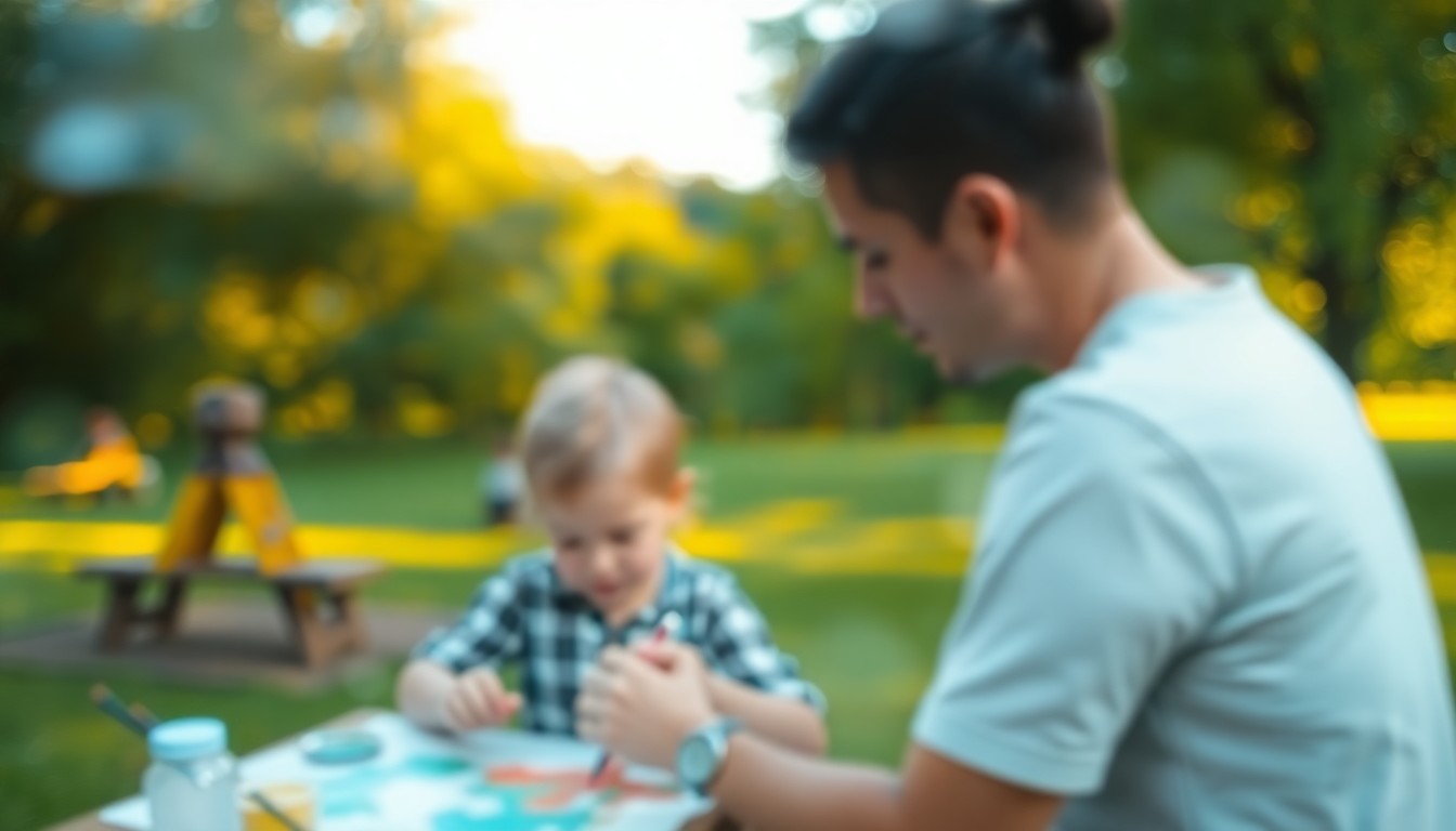 An abstract, impressionistic scene of blurred, warm-toned brushstrokes and soft, hazy light, conveying the intimate, heartfelt experience of a parent and child painting together outdoors.