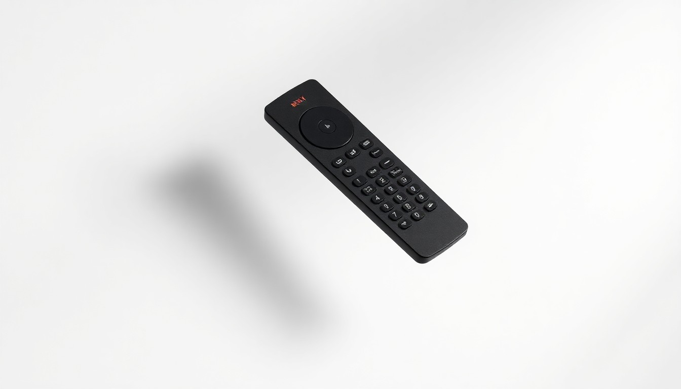 A high-end, photorealistic studio still-life photograph featuring a sleek, modern remote control floating on a clean, monochromatic background, representing the evolution of home entertainment technology and Netflix's pioneering role.