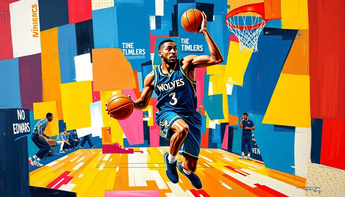 A fractured, cubist-style painting depicting the dynamic movements of a basketball player, with sharp geometric shapes and planes in the Timberwolves' team colors of blue, green, and white, conveying the raw energy and determination of the team's star player.