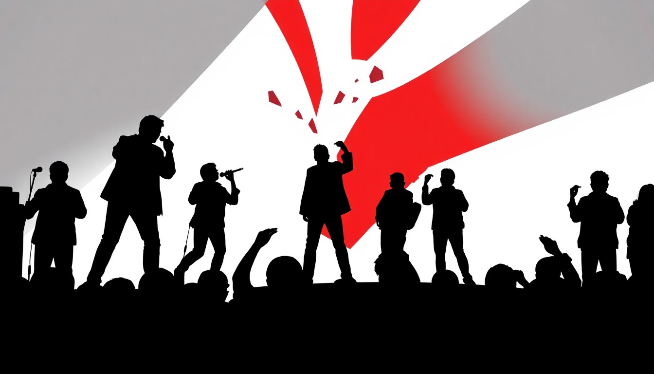 An abstract illustration featuring bold, jagged black silhouettes and high-contrast solid colors like red and white, conceptually representing the breaking up of a monopoly in the live entertainment industry.