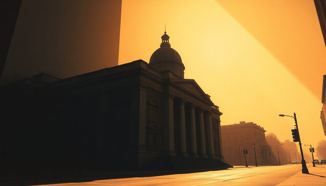 A photorealistic painting of the iconic Philadelphia City Hall building, rendered in a warm, cinematic style with dramatic lighting and shadows, conceptually representing the city's inclusive budgeting process.