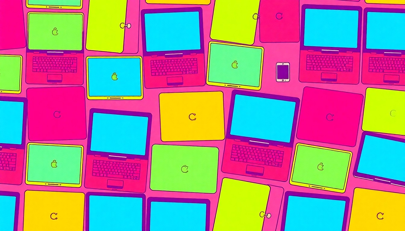 A vibrant, pop art-style grid of stylized laptop computers in shades of blue, green, and pink, conceptually representing the challenges of remote learning during school disruptions.