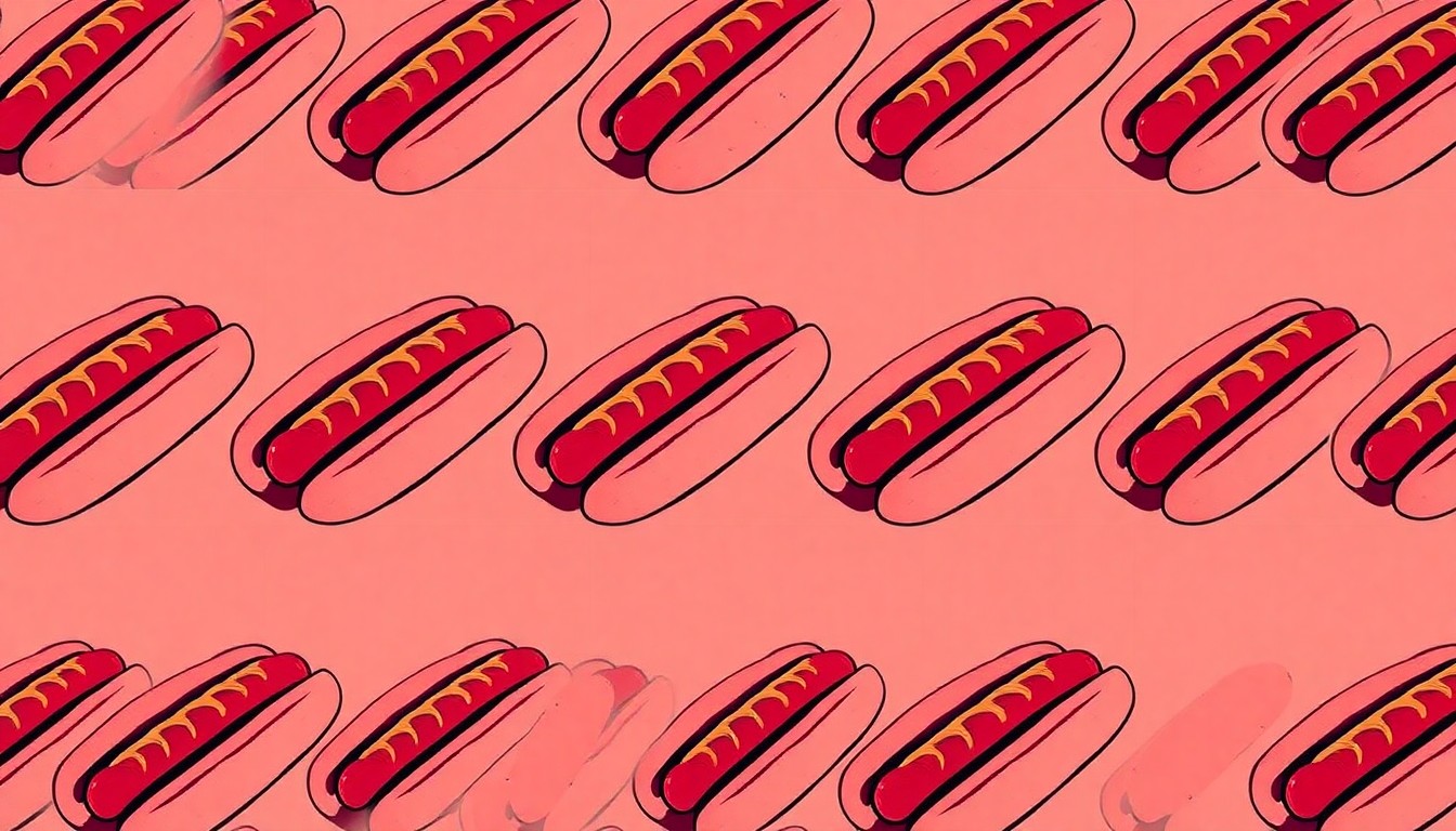 A vibrant, repeating pattern of hot dogs in buns rendered in a bold, pop art style, conceptually representing the festive community event.