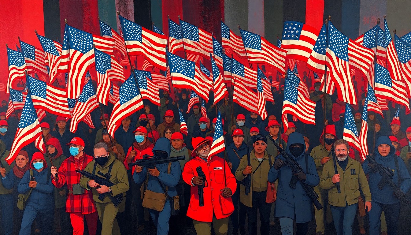 A dynamic, abstract painting showing a crowd of protesters marching with American flags and firearms, their figures repeated in overlapping, fractured, geometric waves of deep red, navy blue, and olive green, conveying the energy and passion of the rally against gun control measures.