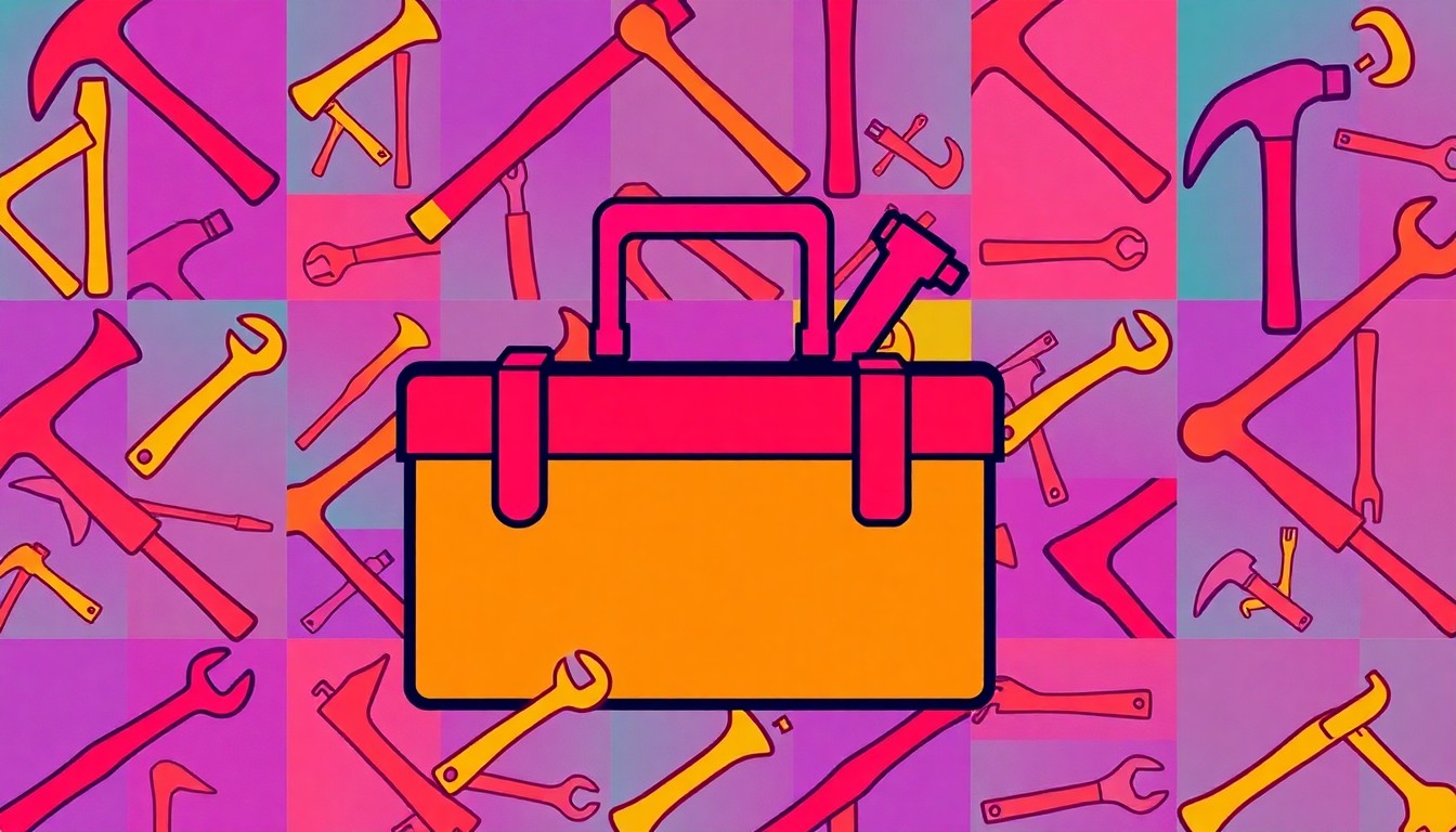 A brightly colored, high-contrast silkscreen print of various handyman tools like a toolbox, hammer, and wrench repeated in a tight grid pattern, capturing the iconic and vibrant style of pop artist Andy Warhol.