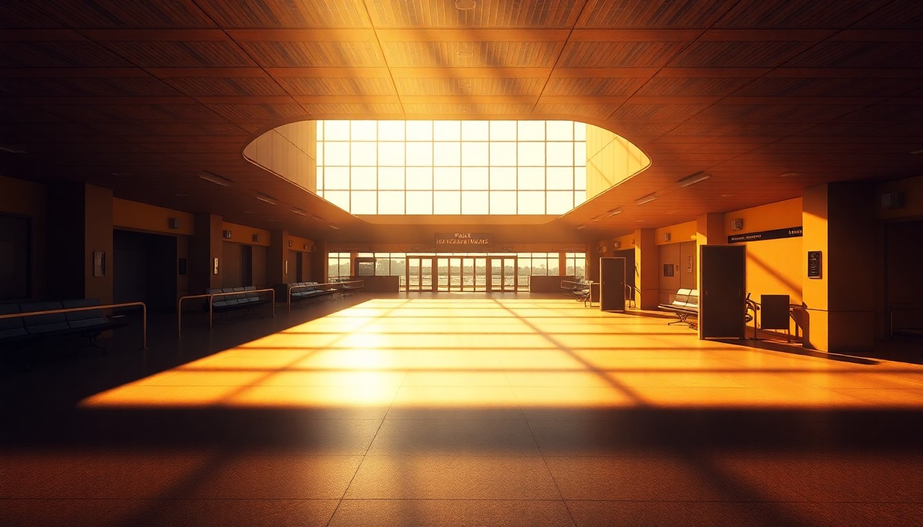A serene, cinematic painting of an empty airport terminal with warm sunlight streaming through the windows, conceptually illustrating the quiet contemplation surrounding the politically charged renaming controversy.
