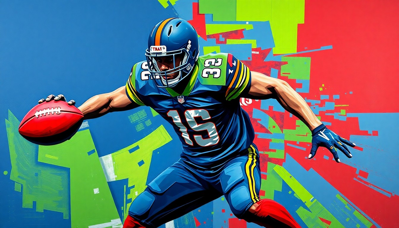 A fragmented, geometric painting depicting a football player in mid-pass rush motion, with sharp, overlapping planes of navy blue, lime green, and crimson red.