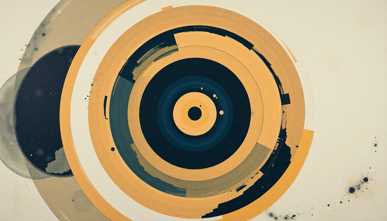 A highly structured abstract painting in earthy tones of ochre, sage, and indigo, featuring sweeping geometric arcs, concentric circles, and precise botanical spirals, conceptually representing the complex forces at play in the debate over the origins of the universe and the existence of a Creator.