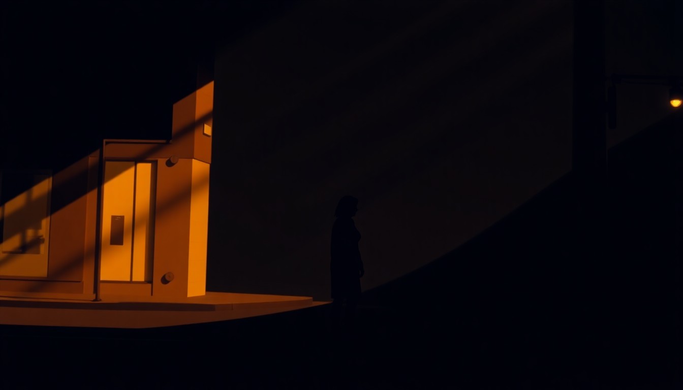 A cinematic painting of Kamala Harris standing alone on a dimly lit city street corner, bathed in warm, diagonal sunlight and deep shadows, conveying a sense of quiet contemplation about her political future.