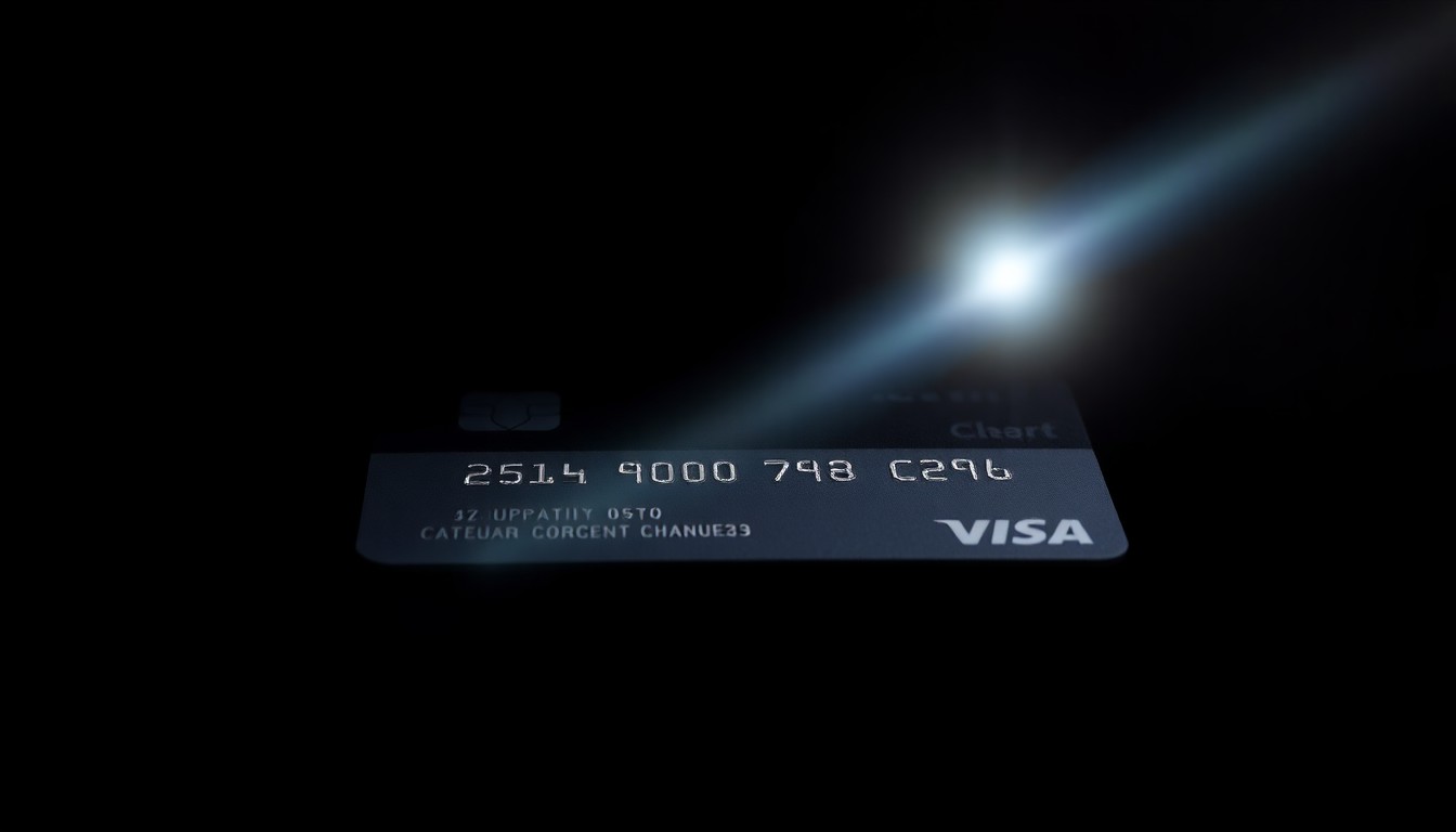 An extreme close-up of a credit card reflecting a harsh, direct camera flash, conceptually representing the alleged fraudulent use of corporate credit cards.