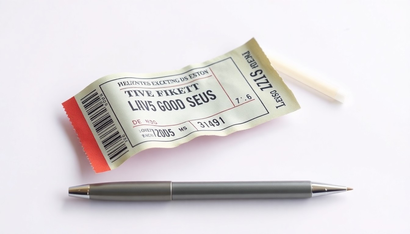 A photorealistic studio still-life image featuring a crumpled, torn ticket stub and a broken pen on a clean white background, symbolizing the frustration and financial burden faced by consumers due to a lack of competition in the live event ticketing market.