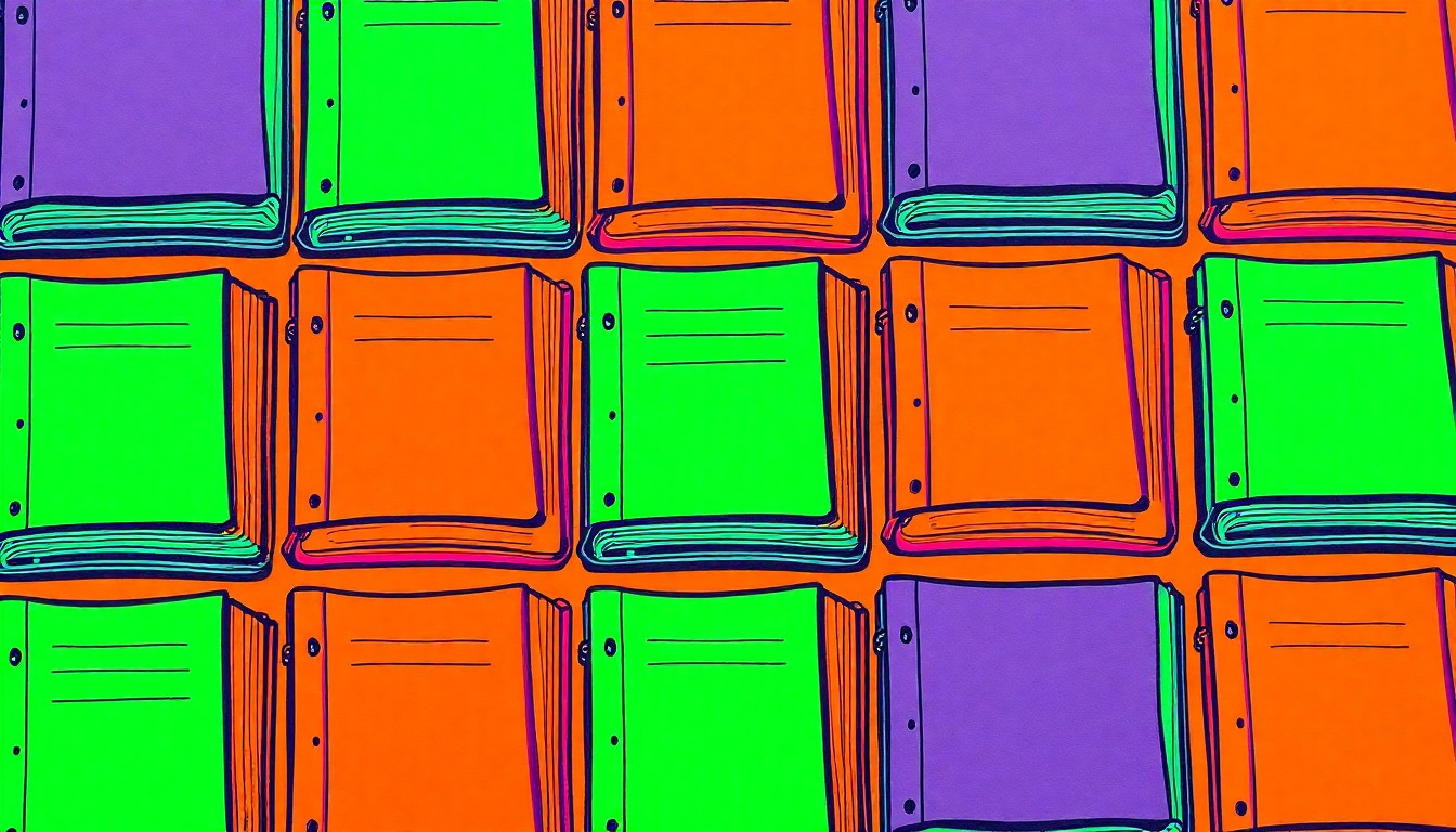 A brightly colored, high-contrast silkscreen print of a mechanical engineering textbook or notebook repeated in a tight grid pattern, capturing the academic and career aspirations of a young scholarship recipient.