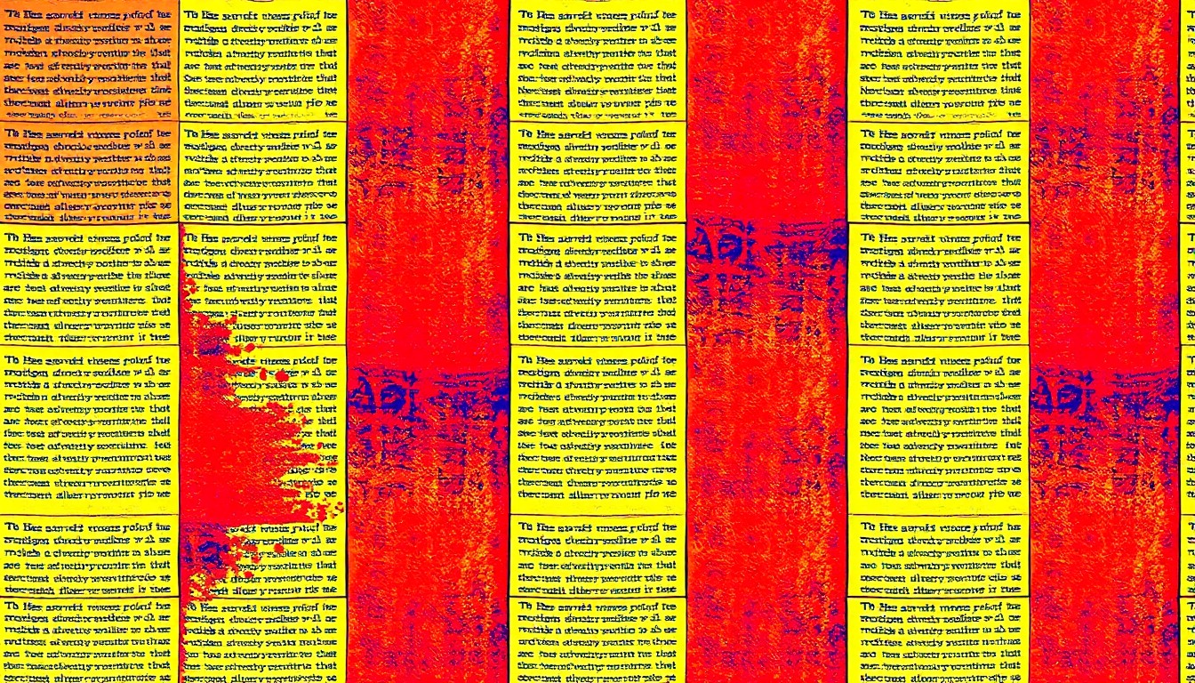 A bold, abstract silkscreen print featuring a repeating pattern of an ancient Torah scroll in a grid, with vibrant neon colors and heavy black outlines, conceptually representing the ongoing debates and divisions within the Jewish community over the meaning of the phrase 'alien fire' from the Torah.
