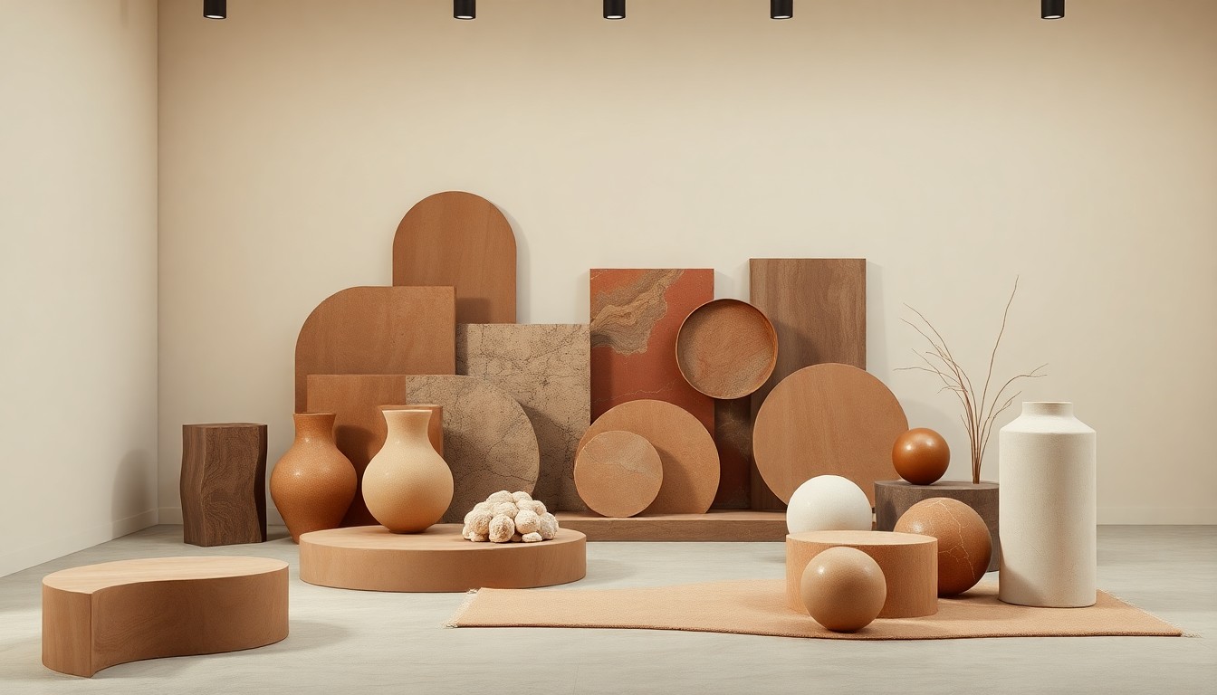 A minimalist studio still life photograph featuring a collection of polished, abstract geometric shapes and forms in muted earth tones, conceptually representing the potential transformation of a retail space.
